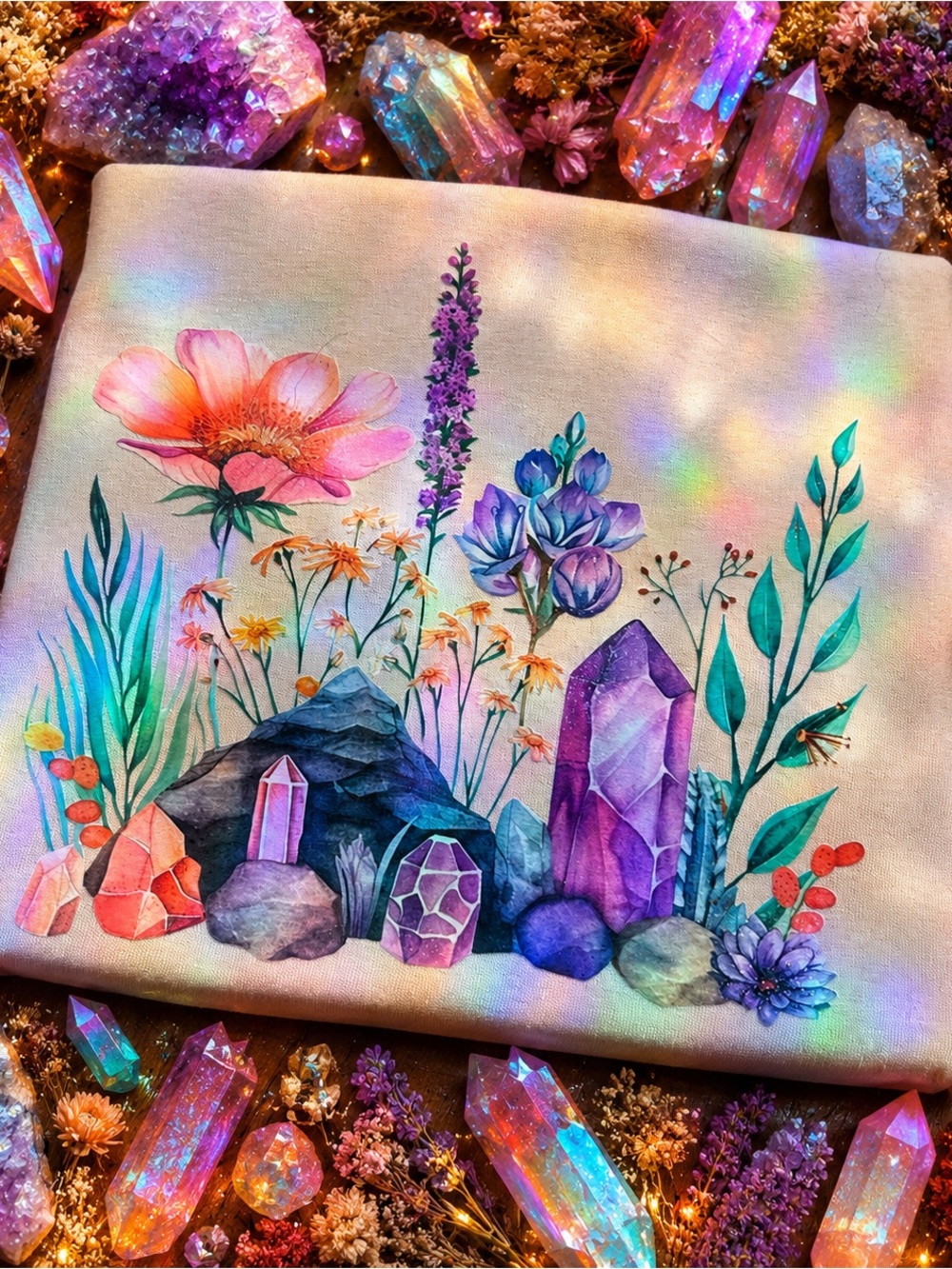 Floral & Crystal Watercolor tee in Purple and Teal